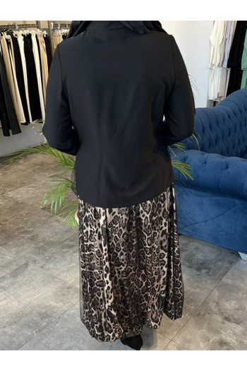 Zühre Women's Leopard Print Skirt Shirt Black Tulle Detailed Double Set 1624