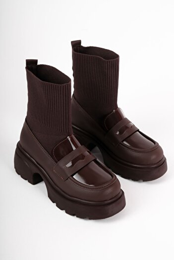 Lal Shoes & Bags Zoes Γυναικείες μπότες με λεπτομέρεια από πλεκτό ύφασμα b4185-Καφέ