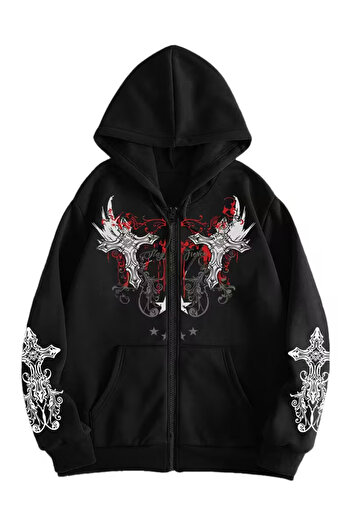Touz Moda Gothic Design Oversize Zippered Black Unisex Hooded Cardigan