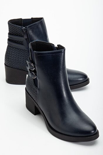 Dilimler Ayakkabı Navy Blue Women's Heeled Boots Straw Detailed Faux Leather Buckle