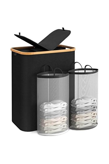 Generic CENXI 140L Laundry Hamper with Lid, Double Section Laundry Baskets with Bamboo Handle and Removable