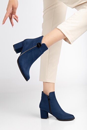 Dilimler Ayakkabı Navy Blue Women's Heeled Boots Suede Stone Detailed Round Toe