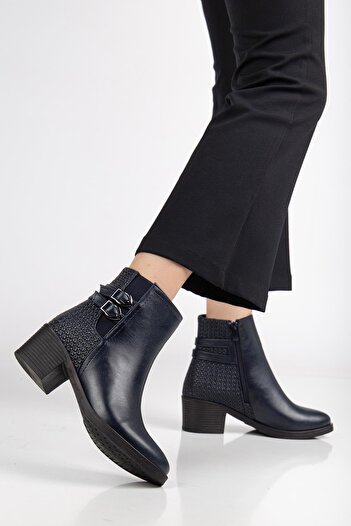 Dilimler Ayakkabı Navy Blue Women's Heeled Boots Straw Detailed Faux Leather Buckle