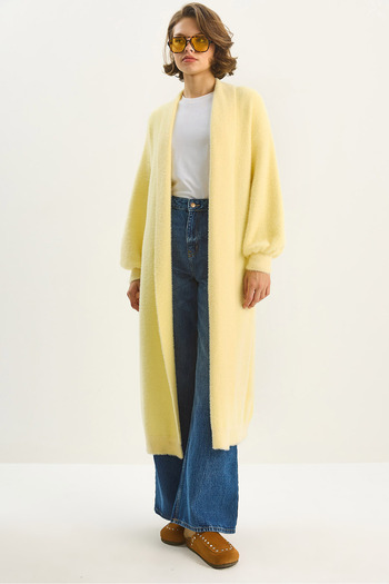 Bianco Lucci Women Shawl Collar Soft Textured Bearded Long Knitwear Yumoş Cardigan Th251015 60283574