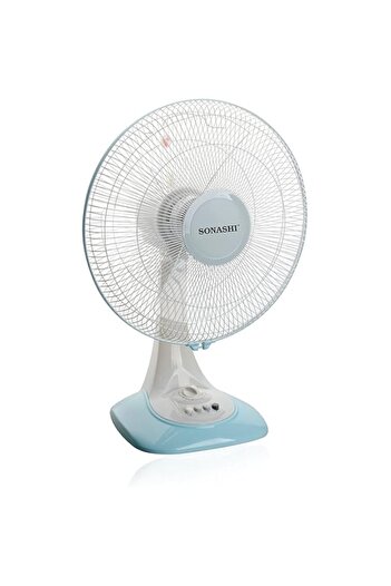 Generic مروحة مكتب SONASHI SF-8028D - [أزرق/أبيض] مروحة طاولة مقاس 16 بوصة مع 3 مفاتيح سرعة، 5 شفرات شفافة