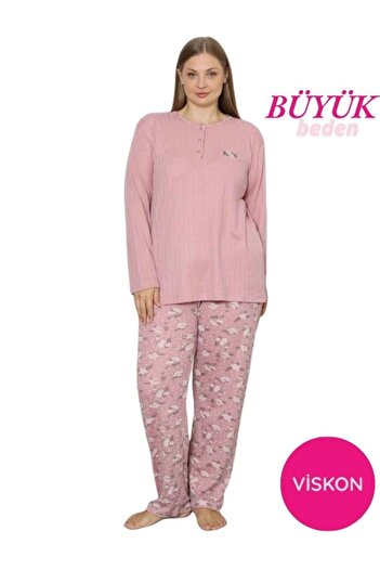 ALİMER Women's Floral Patterned 3 Buttoned Report Winter Viscose Long Sleeve Pajama Set