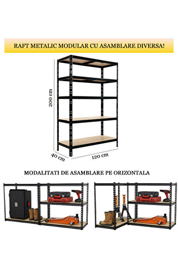 Handlekraft Metal storage shelf, universal, 5 MDF shelves, 200x120x40 cm, 175kg/shelf, clip-on mounting, Black