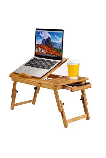 PROCART 14 inch laptop table, foldable, cup holder, drawer, bamboo wood, 50x30 cm