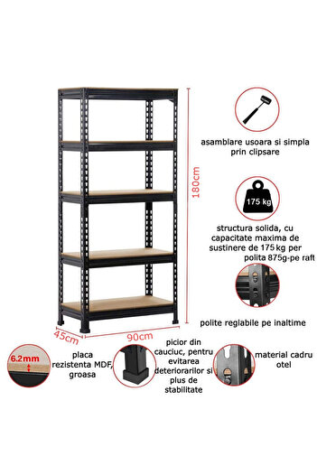 Handlekraft Metal Storage Rack, 5 shelves, 180x90x45 cm, assembly by clipping, capacity 875 kg, Steel/MDF, Black