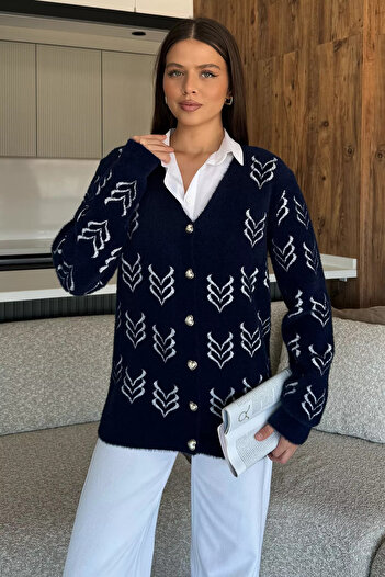 julude Navy Blue Women's Soft Yarn Bearded Knitwear Jacket