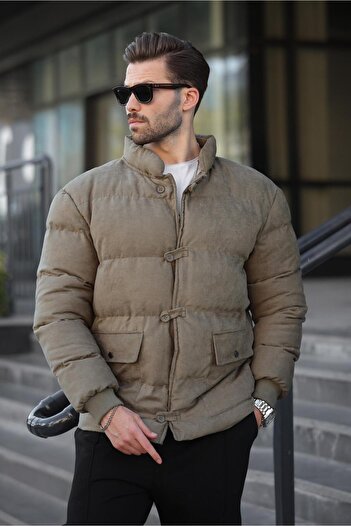 Madmext Khaki Buttoned Stand Collar Men's Puffer Jacket E7435