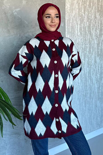 julude Burgundy Pearl Button Geometric Patterned Hijab Knitwear Cardigan (Fits Sizes S-M-L-Xl.)