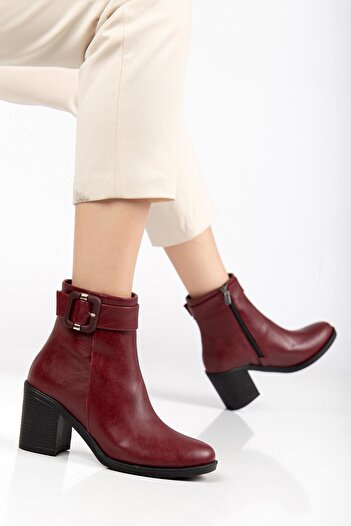 Dilimler Ayakkabı Burgundy Women's Heeled Boots Faux Leather Terrmo Sole Flat Bottom