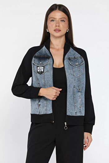 julude Black Women's Bow Detailed Garnished Jean Denim Jacket