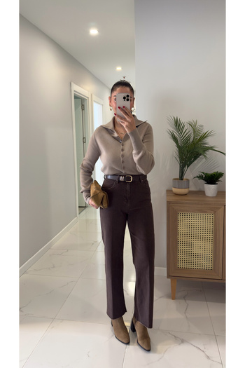 BİRCANÇİL Melotti Brown Washed Cut-Out Leg Straight Jeans with Belt
