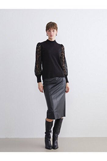 LC Waikiki Black Half Turtleneck Lace Detailed Women's Knitwear Sweater