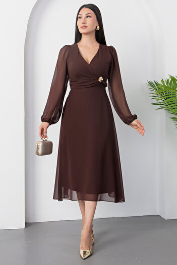 PULLIMM Double Breasted Collar Waist Buckle Long Sleeve Chiffon Dress 2025-4329