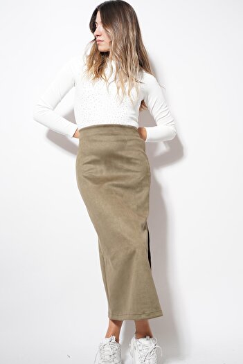 Pafi Moda Eman suede slit skirt khaki
