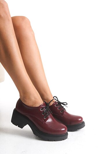 Budi K-707 Burgundy Wrinkled Patent Leather High-Sole Lace-Up Loafer Shoes