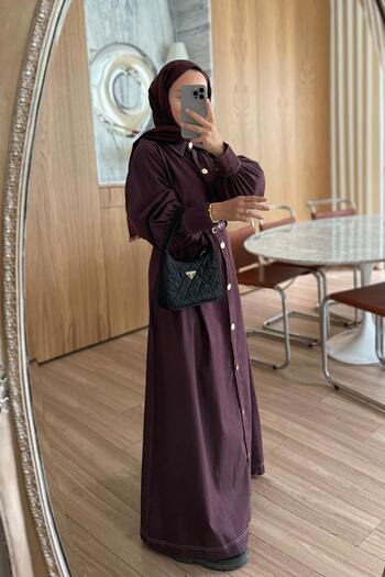 Ka Hijab Cuff Detail Buttoned Long Denim Dress - Burgundy