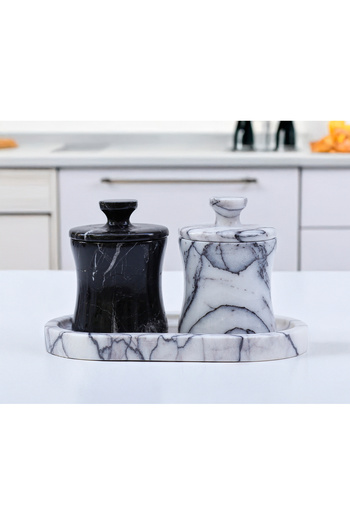 marbelix Venia - Set of 2 Marble Special Design Spice Jars - Tray Included - Handcrafted Marble Jar Set