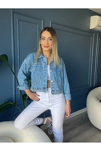 Ecenin Favorileri Studded Detailed Short Jean Women's Jacket