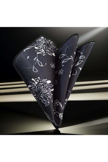 Exve Exclusive Black with White Floral Print Satin Pocket Accessory Collar Handkerchief