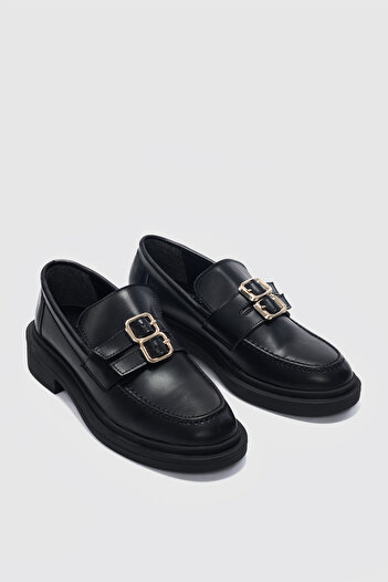 selinshoes Gavin Подвійна регульована золота пряжка Детальна ортопедична жіноча мокасини - ЧОРНА