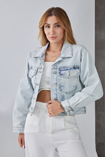 DPARİS Denim Jacket with Stone Detail on Front and Back Pockets