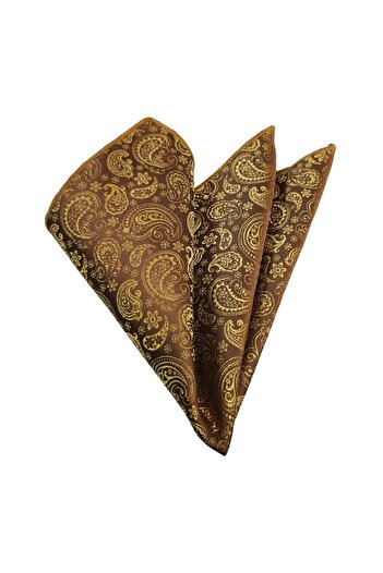 Exve Exclusive Elegant Jacquard Satin Pocket Accessory Collar Handkerchief with Gold Shawl Pattern on Copper Background