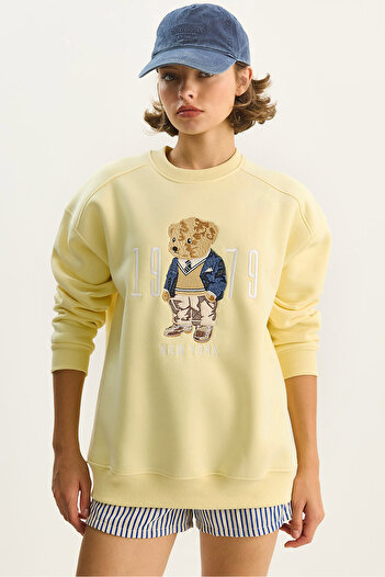 Bianco Lucci Women's Crew Neck Teddy Embroidery Detailed Sweat 10417 60284066