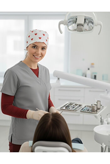 mirach 3-Piece Nurse Set Gray Scrubs Heart Surgery Cap Red Crew Neck Collared Sleeveless Fisherman