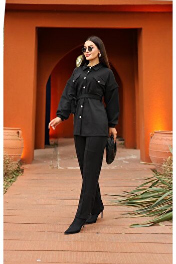 QUAWEAR Shirt Collar Flap Top Pocket Belted Button Closure Tunic and Pants Knitted Fabric Two-Piece Set