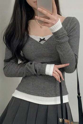 Köstebek Long Sleeve Blouse with Bow Lace Collar and Attached Inner Bodysuit