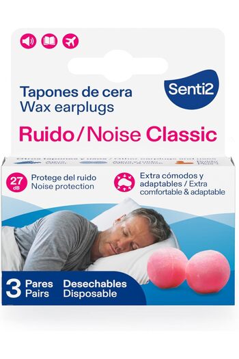 Senti2 Earplugs for Noise, Wax, 6 Pieces (3 Pairs)