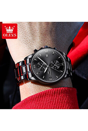 OLEVS Men's Watch Quartz Analog Black Steel Date