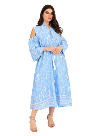 TREASUREISLAND Short embroidered jalabiya with open shoulders