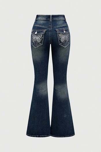Karakedi Butterfly Back Pocket Detailed Spanish Leg Y2K Denim Pants