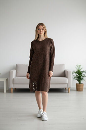 ECE GİYİM Women's Front Printed Skirt with Beaded Side Hem and Low Sleeve Tunic