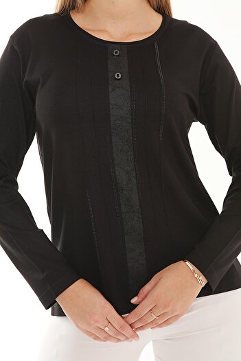 Lanze Mercerized Leather Stripe Detailed Crew Neck