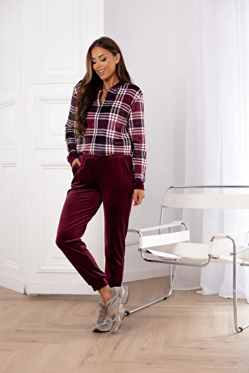 UniqueStore.ro Velvet burgundy tracksuit with plaid jacket and tapered pants