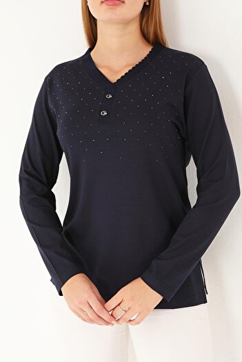 Lanze Mercerized Blouse Stone Printed V-Neck