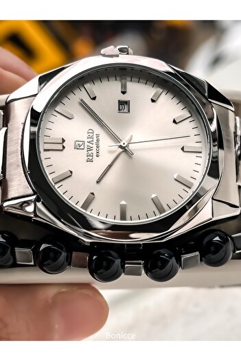 Reward Men's Wristwatch with Calendar, Certified, Guaranteed, White Silver Steel Band Bracelet Gift