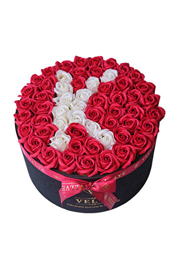 velve Personalized Eternal Floral Arrangement with the letter K, in a round black box with 55 soap roses