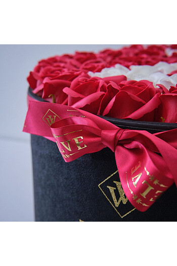 velve Eternal Floral Arrangement personalized with the letter J, in a black round box with 55 soap roses