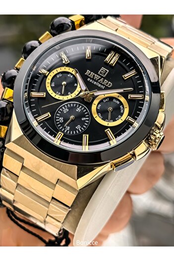 Reward Functions Active Men's Wristwatch, Certified, Guaranteed, Yellow Steel Band, with Calendar, Bracelet