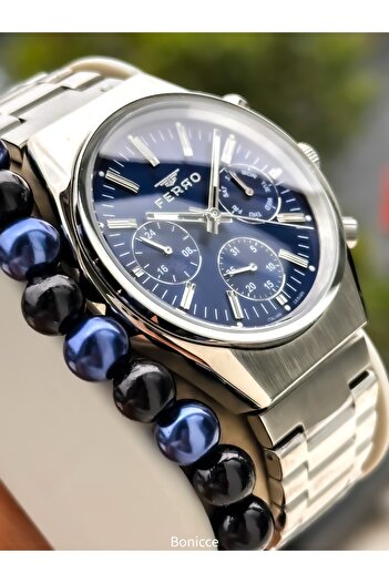 Ferrucci Functional Men's Wristwatch,Certified,Warranty, Silver Navy Blue Steel Band Double Bracelet