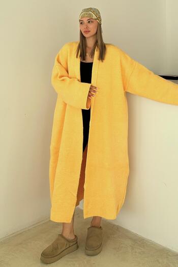 Olcay Oversize Thick Knitwear Long Cardigan Yellow 8274