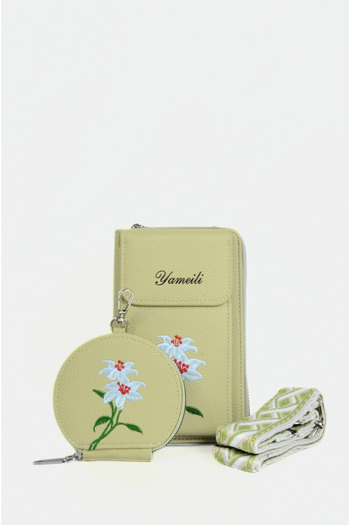 Mazel Design 5767 Genuine Leather Crossbody Imported Wallet Phone Bag Set, Embroidered Floral Pattern