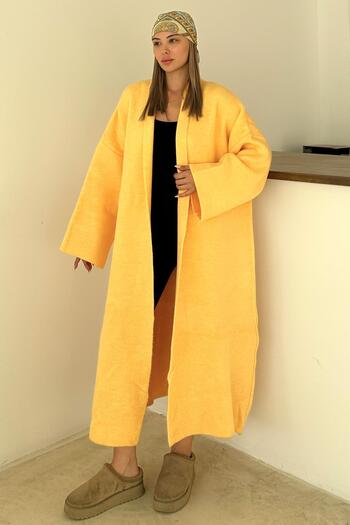 Olcay Oversize Thick Knitwear Long Cardigan Yellow 8274